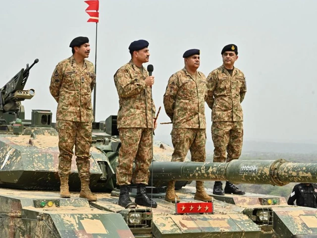 chief of army staff coas general syed asim munir addresses troops during his visit to observe a large scale combat exercise at tilla field firing ranges on may 1 2025 photo ispr