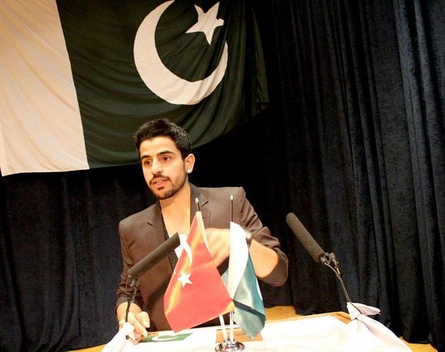 Arsalan giving a speech in Turkey on Pakistan's Independence Day.