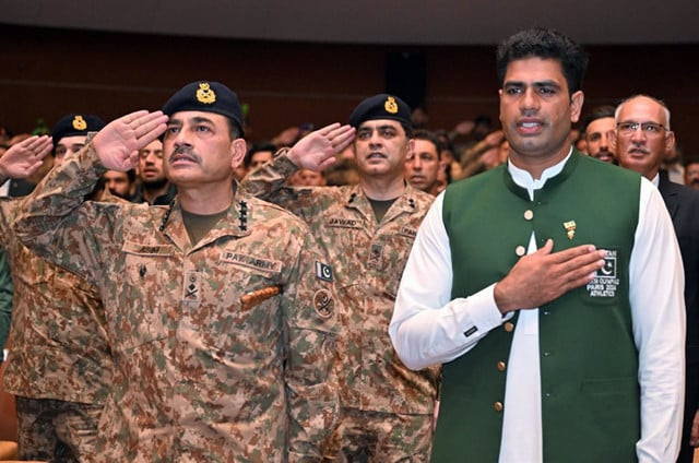 general munir praised nadeem for winning pakistan s first ever gold medal in a singles event and setting a new olympic record at paris olympics photo ispr general munir praised nadeem for winning pakistan s first ever gold medal in a singles event and setting a new olympic record at paris olympics photo ispr