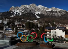 an aerial view shows the olympic rings and the olympia delle tofane track in cortina which will host the women s alpine skiing competition during the milano cortina winter olympic games 2026 in cortina italy photo reuters