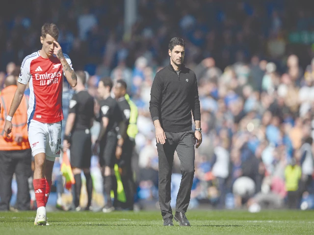 arsenal s spanish manager mikel arteta reacts on the pitch after the english premier league match with everton at goodison park on april 5 2025 photo afp arsenal s spanish manager mikel arteta reacts on the pitch after the english premier league match with everton at goodison park on april 5 2025 photo afp