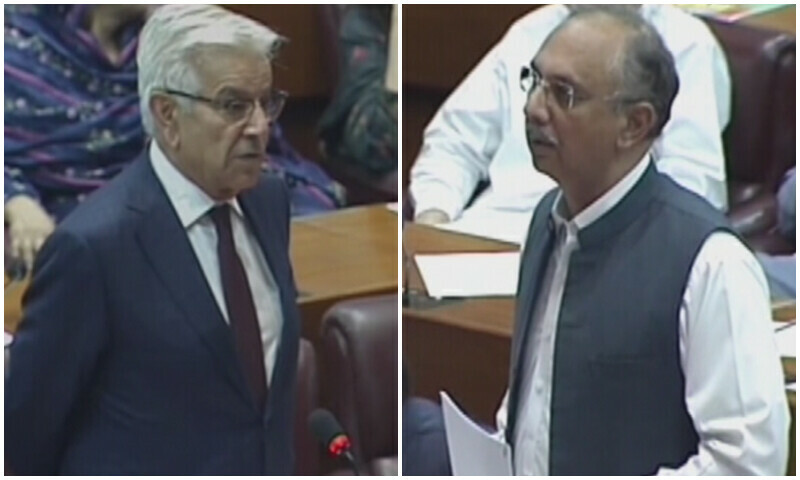defence minister khawaja asif leader of the opposition in the national assembly omar ayub photo file