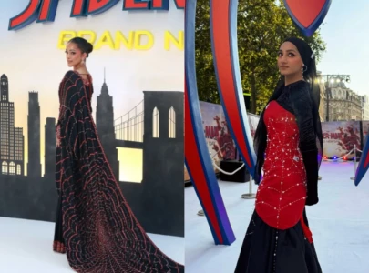 pakistani content creator atifa arshad wears spiderweb sari to spider man premiere