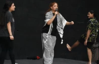 palestinian performer rawan sameer salamah clad in a black and white keffiyeh performs the traditional resistance dance dabke on the 15th day of the world culture festival 2025 at the arts council of pakistan in karachi photo express