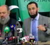 federal minister for information broadcasting national heritage and culture attaullah tarar addressing a press conference in islamabad accompanied by federal minister for commerce jam kamal screengrab