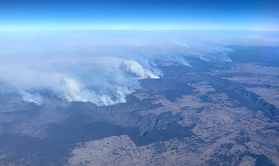 Photo taken on November 9, 2019 shows bushfires taken from a plane in over north eastern New South Wales. PHOTO: AFP