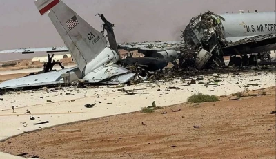 this ugc image posted on social media on march 29 2026 and verified by afp staff appears to show a destroyed us air force airborne warning and control system awacs aircraft primarily used for air traffic control in the aftermath of a projectile strike at prince sultan airbase in saudi arabia ugc afp