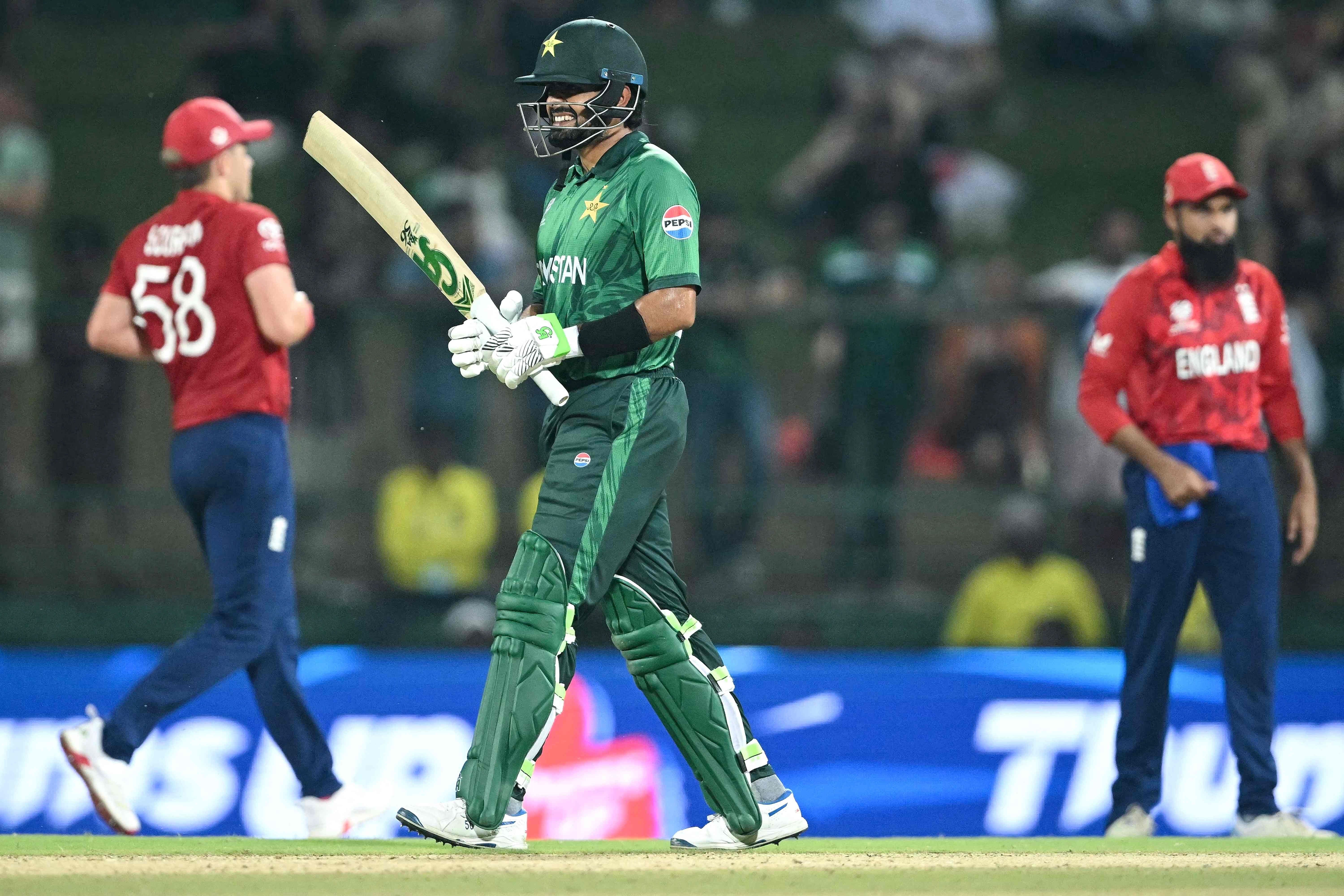 Pakistan's Babar Azam (C) walks back after getting out during the 2026 ICC Men's T20 Cricket World Cup Super Eights match between England and Pakistan at the Pallekele International Cricket Stadium in Kandy on February 24, 2026. Photo: AFP