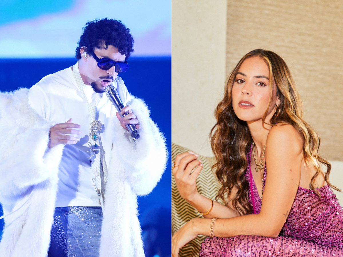 Bad Bunny performing and Gabriela Berlingeri portrait side by side 2026