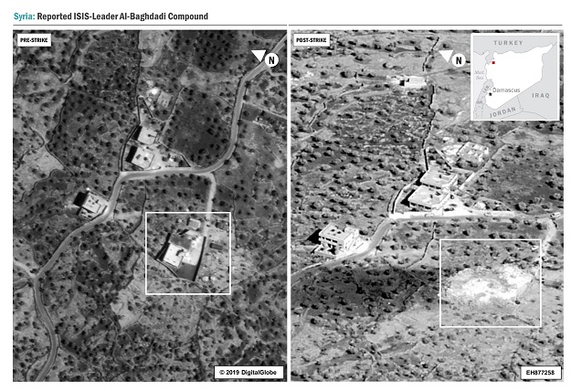 This picture shows a side-by-side comparison of the compound of ISIS leader Abu Bakr al-Baghdadi in Syria before (L) and after the raid. PHOTO: AFP