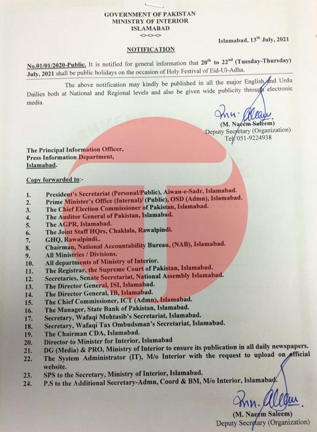 Govt declares Its Final Decision On Eid Holidays 2021