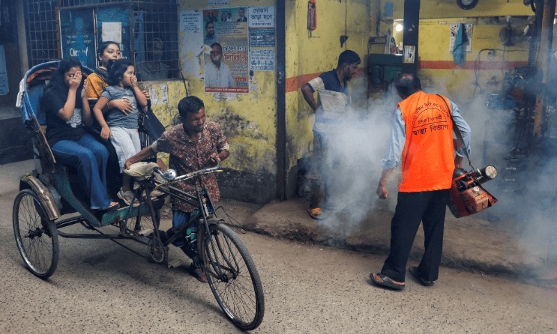 a city corporation worker sprays fumigator to control mosquitoes as number of dengue infected patients increase in dhaka bangladesh on october 14 2024 photo reuters file