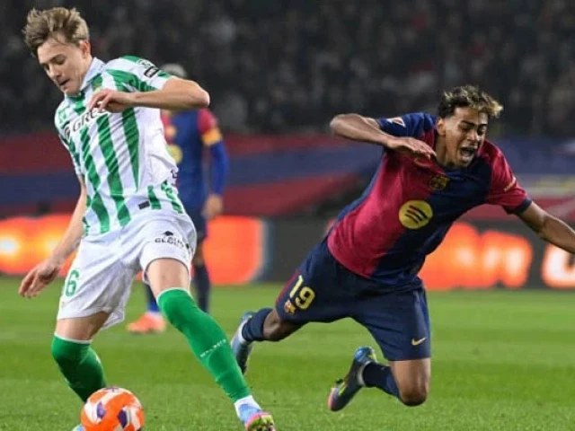 real betis spanish forward jesus rodriguez controls the ball past barcelona s spanish forward lamine yamal during the spanish league football match between fc barcelona and real betis at the estadi olimpic lluis companys in barcelona on april 5 2025 phtoto afp real betis spanish forward jesus rodriguez controls the ball past barcelona s spanish forward lamine yamal during the spanish league football match between fc barcelona and real betis at the estadi olimpic lluis companys in barcelona on april 5 2025 phtoto afp