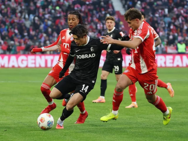 freiburg s yuito suzuki in action with bayern munich s michael olise and tom bischof photo reuters