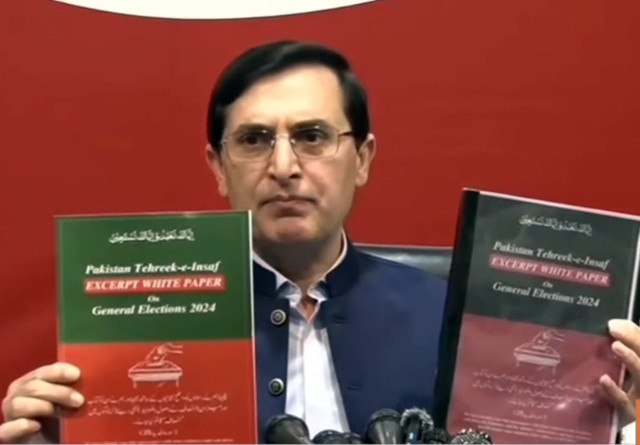 pti chairman barrister gohar ali khan addressing a news conference in islamabad on thursday may 2 2024 screengrab