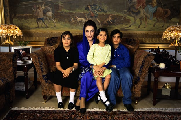  After leaving Pakistan due to Musharraf’s martial law, she would spend her time in London and Dubai. Here she is photographed with her three kids, Bakhtawar, Aseefa and Bilawal in 2000. 