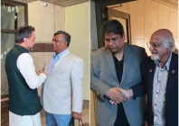 bcb president aminul islam l and icc deputy chairman imran khawaja photos pcb