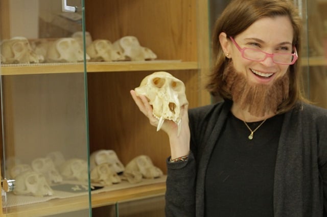 Paleobotanist Cindy Looy, center, wearing a Big Lebowski beard, helps other Berkeley women scientists get the right look. PHOTO COURTESY: THE BEARDED LADY PROJECT