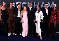 former england footballer david beckham 5th l and his wife victoria beckham 3rd r pose on the red carpet with their children and partners from l mia regan romeo beckham cruz beckham harper beckham brooklyn beckham and nicola peltz beckham upon arrival to attend the premiere of beckham in london on october 3 2023 afp