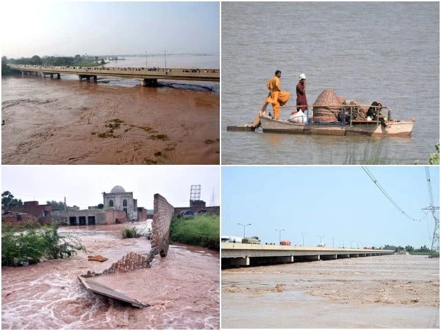 clockwise floodwater from river ravi is passing through lahore s talat park bhadro pind water level of the chenab river at qadirabad headworks continues to rise flood affected families are using boats to move their loved ones across the chenab river a view of floodwater from the river chenab crossing dangerous levels at talibwala bridge photos app