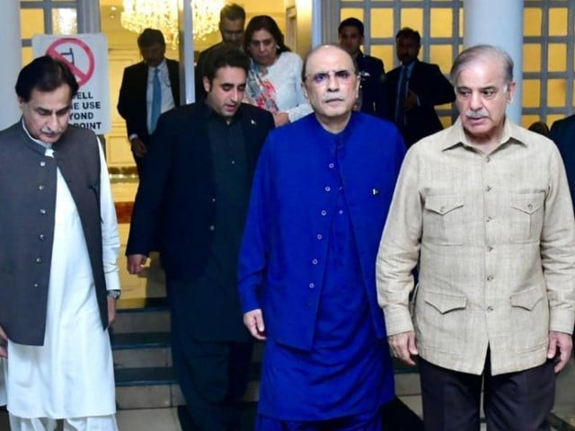 then prime minister shehbaz sharif along with ppp s asif ali zardari and bilawal bhutto leaves the pm house photo express