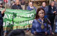lord mayor of belfast r is m ire donnelly spoke at the community solidarity rally photo belfast telegraph