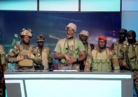 a group of soldiers gives a statement on benin s national television claiming to have seized power following reports of a coup attempt underway against the government of benin s president patrice talon in cotonou benin in this screengrab from a handout video obtained by reuters on december 7 2025 photo reuters