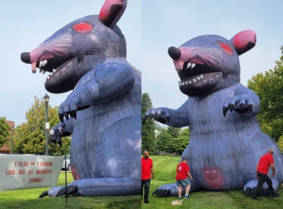 bethesda developers protest xbox layoffs with giant inflatable rat at maryland office