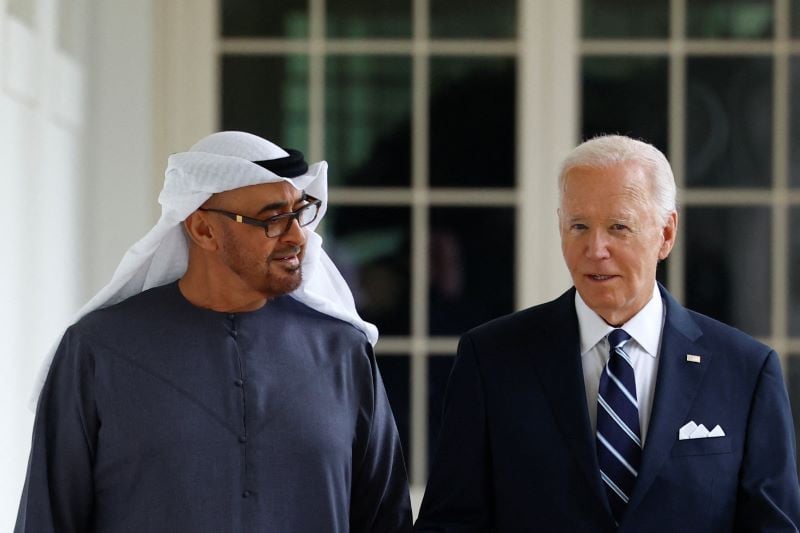 us president joe biden walks down the colonnade with united arab emirates president sheikh mohamed bin zayed al nahyan on the day they hold a bilateral meeting at the white house in washington us september 23 2024 photo reuters