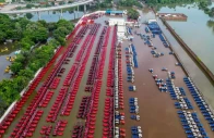 an aerial view shows tractors partially submerged in floodwaters at a dealership stockyard following a rise in the water level of the punpun river in patna on sep 7 2026 file photo afp