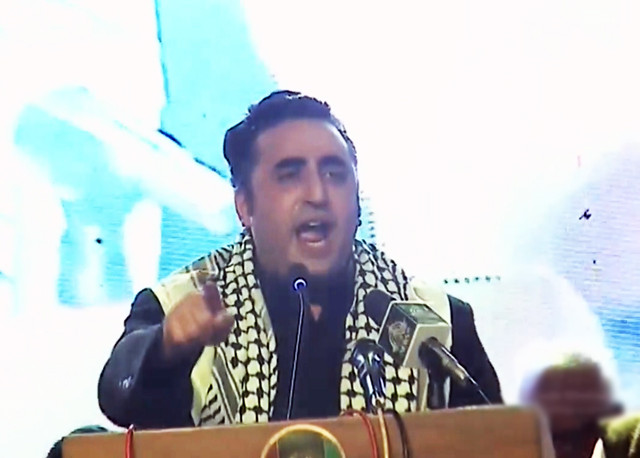 ppp chairman bilawal bhutto zardari addressing a ceremony in karachi on october 18 2023 screengrab