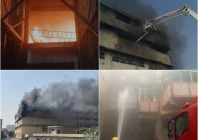 blaze engulfing a factory warehouse as karachi firefighters battle it on monday october 19 2026 photo express