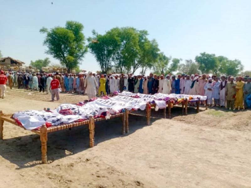 distraught locals in rahim yar khan attend funeral prayers for 13 victims of a boating accident on the indus river an inquiry will be launched by the provincial government to investigate the incident photo express