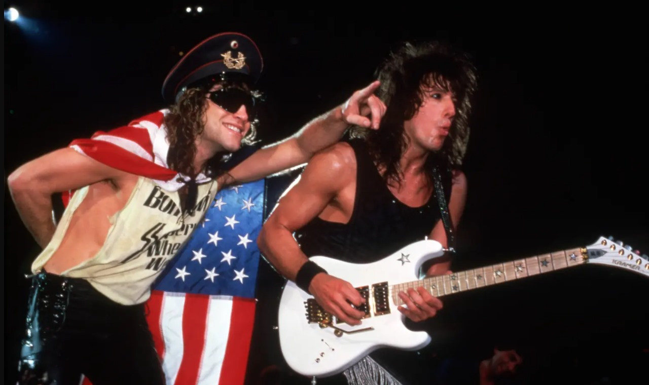 jon bon jovi and richie sambora performing in the 80s courtesy getty images