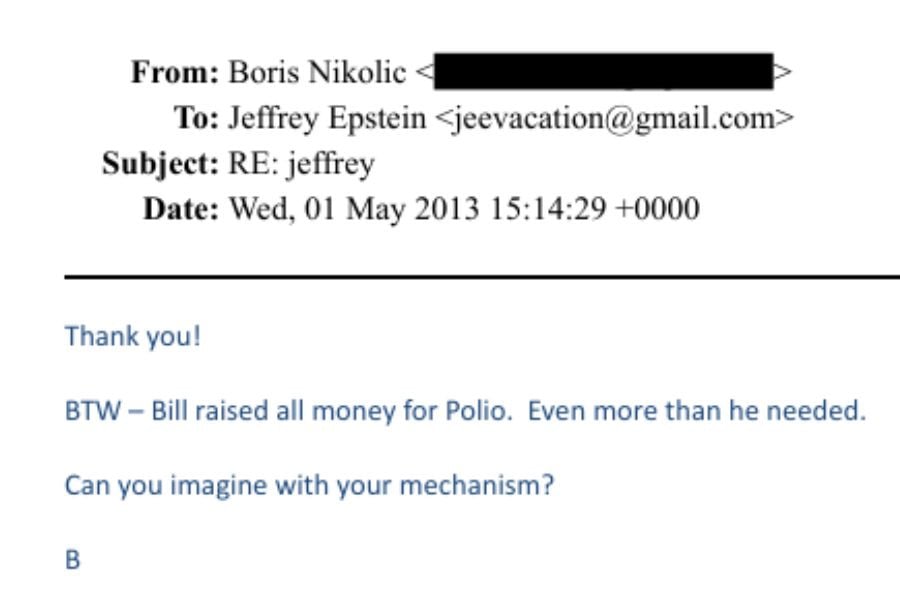Email from Boris Nikolic to Epstein dated May 1 2013. PHOTO: United States Department of Justice