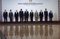 china s ambassador to india xu feihong indonesia s foreign minister sugiono iran s foreign minister abbas araqchi south africa s foreign minister ronald lamola russia s foreign minister sergei lavrov india s foreign minister subrahmanyam jaishankar brazil s foreign minister mauro vieira egypt s foreign minister badr abdelatty ethiopia s foreign minister gedion timothewos and uae s minister of state for foreign affairs khalifa bin shaheen al marar pose for a family photo during the brics foreign ministers meeting at bharat mandapam in new delhi india may 14 2026 reuters