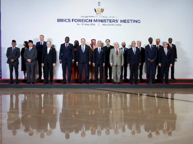 uganda s foreign minister odongo jeje abubakha indonesia s foreign minister sugiono iran s foreign minister abbas araqchi south africa s foreign minister ronald lamola russia s foreign minister sergei lavrov india s foreign minister subrahmanyam jaishankar brazil s foreign minister mauro vieira egypt s foreign minister badr abdelatty ethiopia s foreign minister gedion timothewos china s ambassador to india xu feihong uae s minister of state for foreign affairs khalifa bin shaheen al marar and others pose for a family photo during the brics foreign ministers meeting at bharat mandapam in new delhi india may 14 2026 reuters uganda s foreign minister odongo jeje abubakha indonesia s foreign minister sugiono iran s foreign minister abbas araqchi south africa s foreign minister ronald lamola russia s foreign minister sergei lavrov india s foreign minister subrahmanyam jaishankar brazil s foreign minister mauro vieira egypt s foreign minister badr abdelatty ethiopia s foreign minister gedion timothewos china s ambassador to india xu feihong uae s minister of state for foreign affairs khalifa bin shaheen al marar and others pose for a family photo during the brics foreign ministers meeting at bharat mandapam in new delhi india may 14 2026 reuters