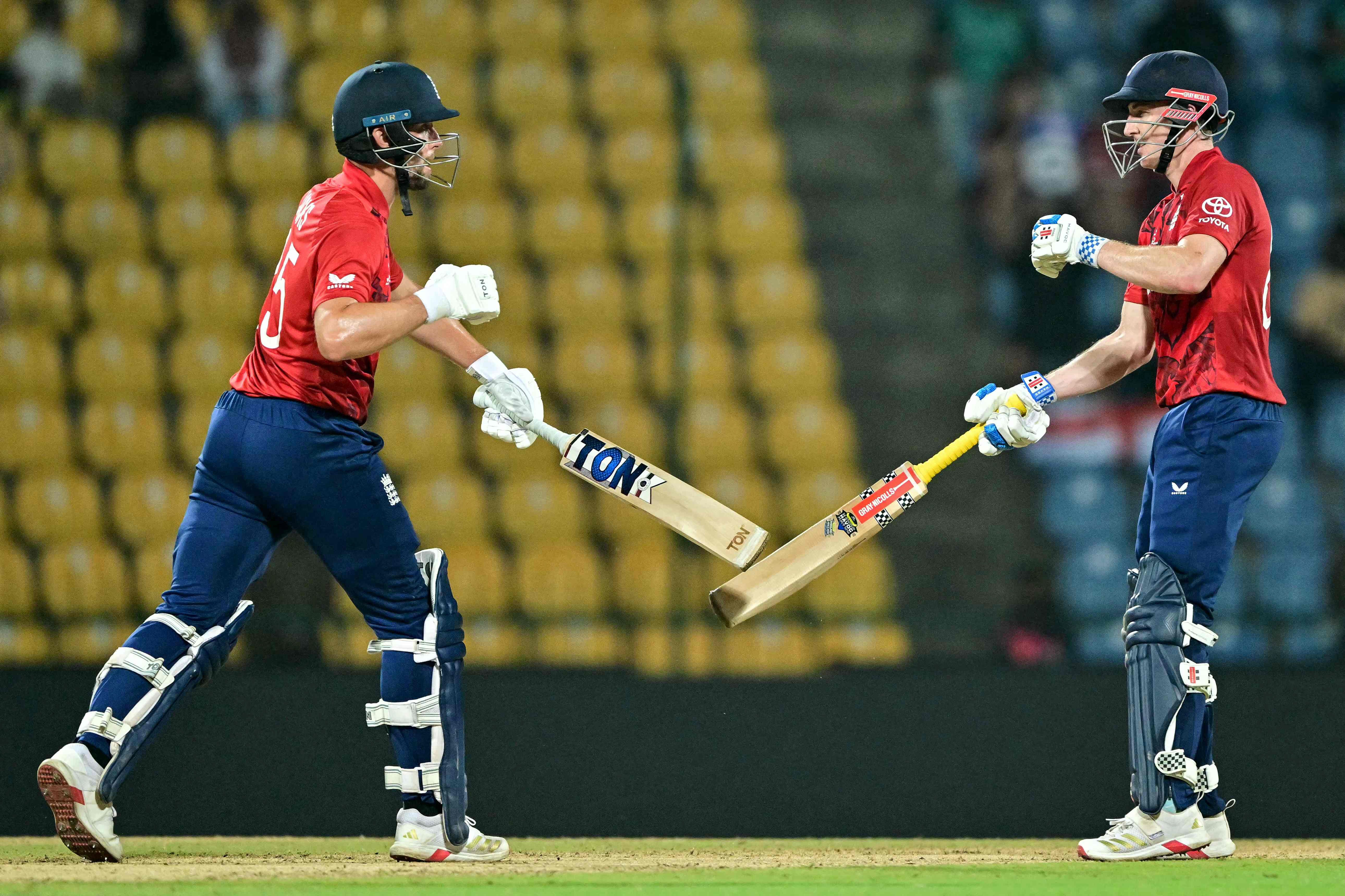 England's Will Jacks (L) and captain Harry Brook gesture during the 2026 ICC Men's T20 Cricket World Cup Super Eights match between England and Pakistan at the Pallekele International Cricket Stadium in Kandy on February 24, 2026. Photo: AFP