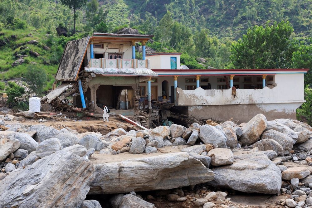 A view of the damaged family house of Noor Muhammad, 25, who lost 24 family members and relatives, which was hit by devastating floods in the mountainous Qadir Nagar village of Buner district, Khyber Pakhtunkhwa province, Pakistan, August 21, 2025. PHOTO: REUTERS