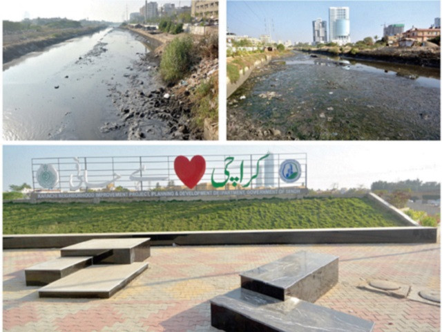 a signboard of karachi neighbourhood improvement project stands in front of nehr e khayyam filled with filth and sewage photos jala qureshi express