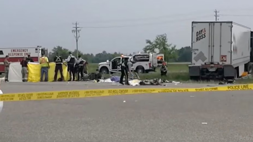 police secures the area at the crash scene near carberry manitoba canada june 15 2023 in this still image obtained from a social media video portageonline mike blume via reuters