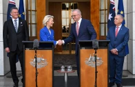 australian prime minister anthony albanese and president of the european commission ursula von der leyen shake hands during a press conference at parliament house in canberra australia march 24 2026 photo reuters