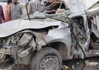 wreckage of a speeding car that overturned on shahrah e faisal in karachi photo express