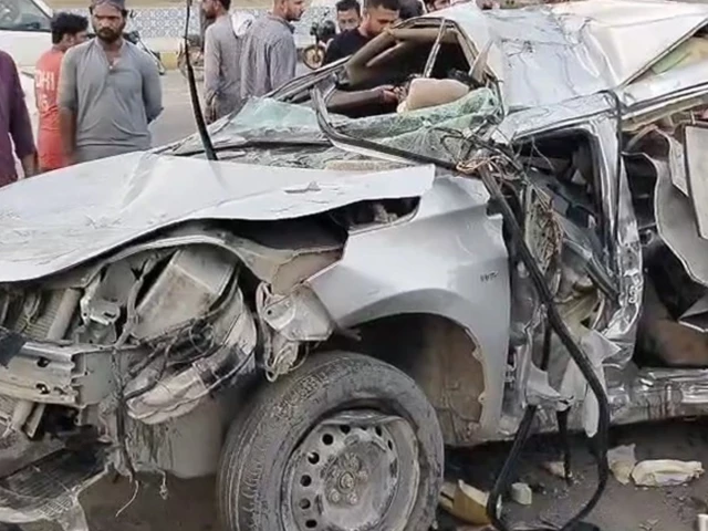 wreckage of a speeding car that overturned on shahrah e faisal in karachi photo express
