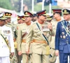 chief of defence forces field marshal asim munir air chief marshal zaheer ahmed babar sidhu and chief of naval staff admiral naveed ashraf attend a ceremony at ghq in rawalpindi marking the completion of one year of pakistan s victory in marka e haq photo ispr