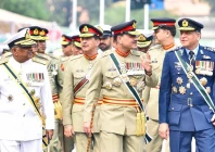 chief of defence forces field marshal asim munir air chief marshal zaheer ahmed babar sidhu and chief of naval staff admiral naveed ashraf attend a ceremony at ghq in rawalpindi marking the completion of one year of pakistan s victory in marka e haq photo ispr