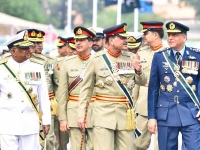 chief of defence forces field marshal asim munir air chief marshal zaheer ahmed babar sidhu and chief of naval staff admiral naveed ashraf attend a ceremony at ghq in rawalpindi marking the completion of one year of pakistan s victory in marka e haq photo ispr