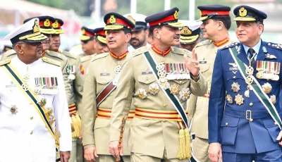chief of defence forces field marshal asim munir air chief marshal zaheer ahmed babar sidhu and chief of naval staff admiral naveed ashraf attend a ceremony at ghq in rawalpindi marking the completion of one year of pakistan s victory in marka e haq photo ispr