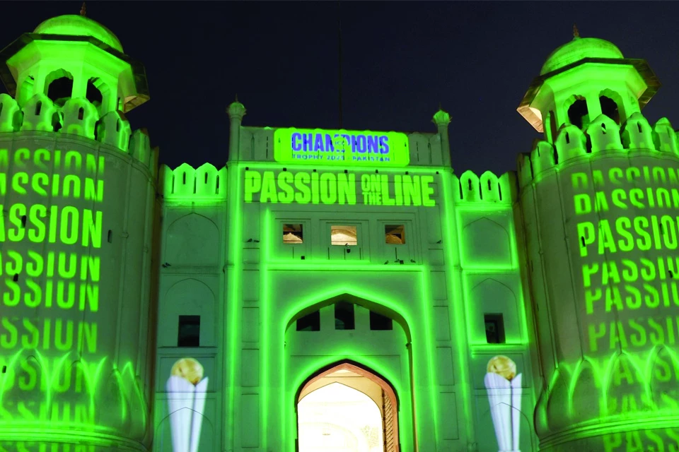 a laser light show displays the slogan of passion on the line on the main gate of the lahore fort during the opening ceremony of the champions trophy in lahore photo express a laser light show displays the slogan of passion on the line on the main gate of the lahore fort during the opening ceremony of the champions trophy in lahore photo express