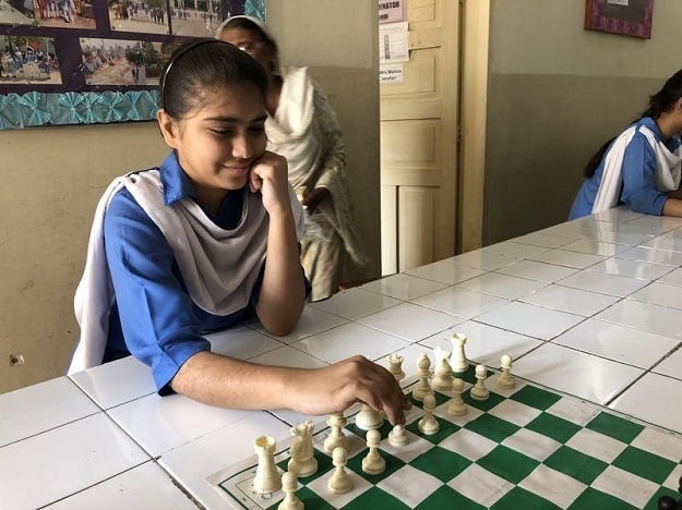 Chess player Bushra Maqsood at SMB Fatima Jinnah Government Girls School, in Karachi, Pakistan. She says she loves playing with an opponent who can give her a really tough time. Picture taken February 24, 2017. PHOTO: Thomson Reuters Foundation